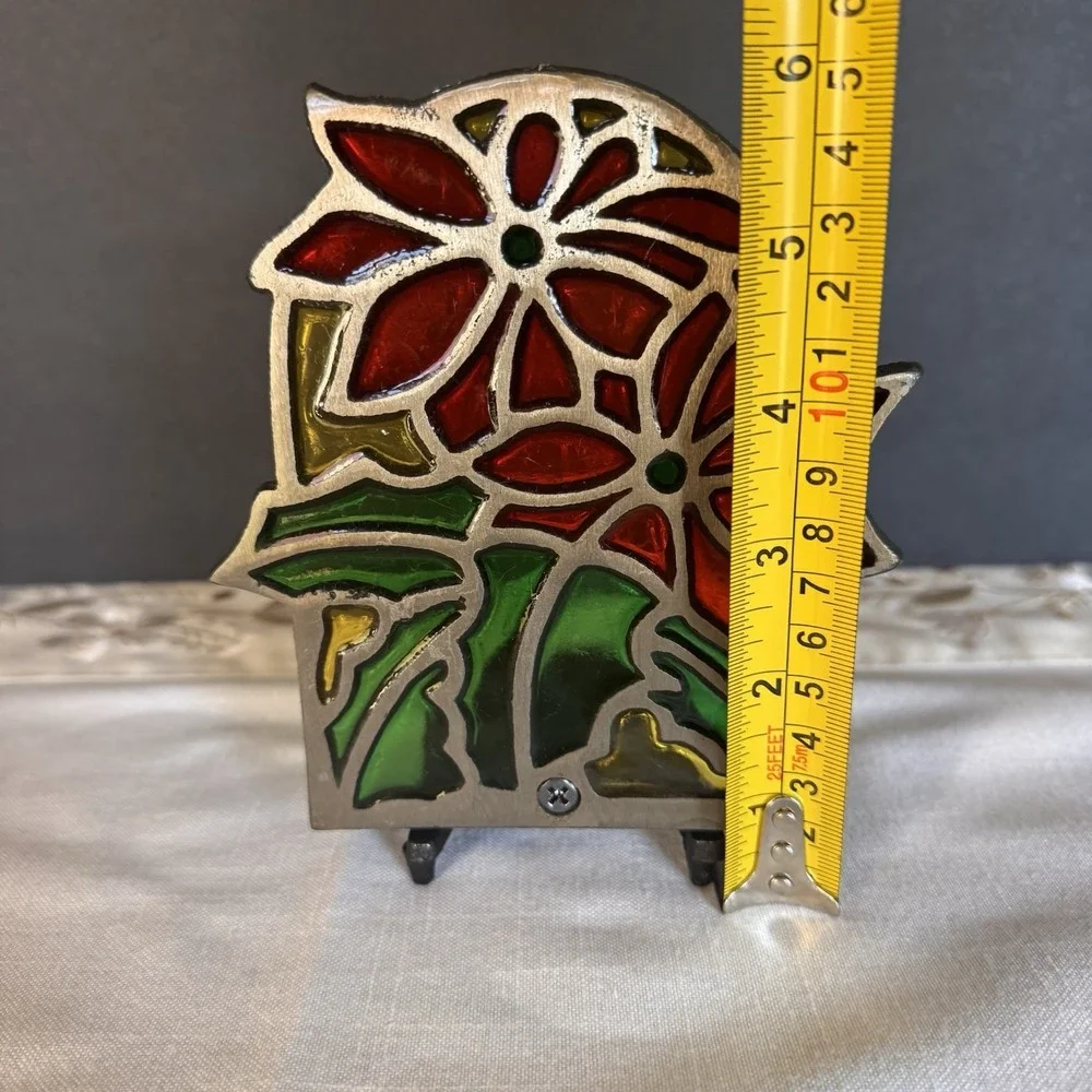 Vintage Tiffany Style Poinsettia Stained Glass Cast Iron Candle Votive Holder